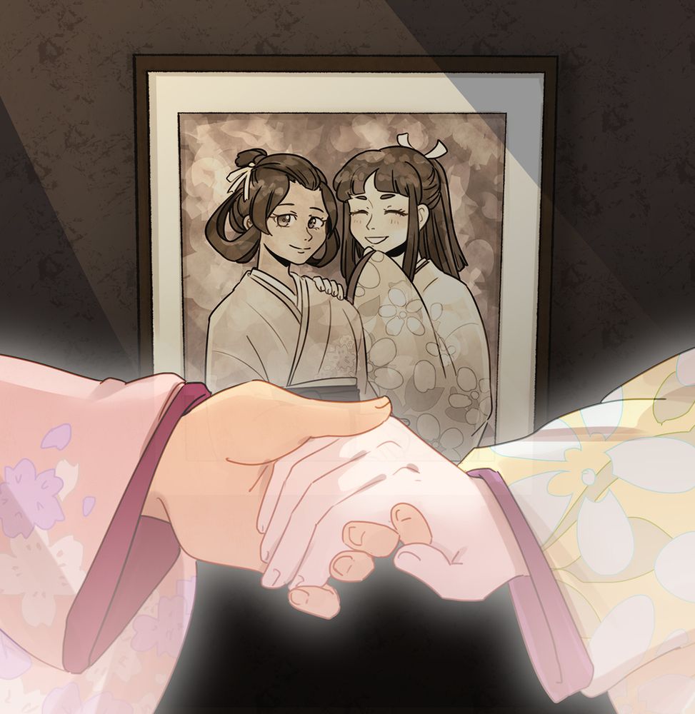 Susato and Rei's hands clasping, glowing with an ethereal light. The hands are positioned in front of an old photo of them smiling together, inside a wooden photo frame.