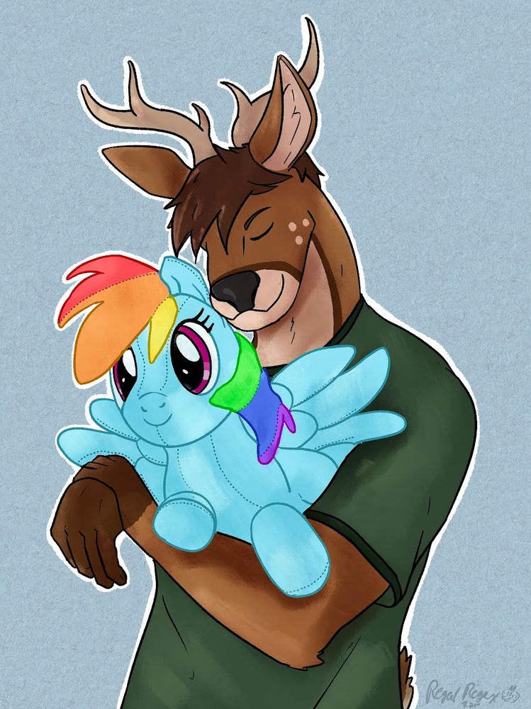 Anthro brown deer with brown hair and some light spots, antlers, and chin + neck wearing a green shirt. His eyes are closed and he is slighty smiling as he hugs a Rainbow Dash plushie (MLP) to his chest.