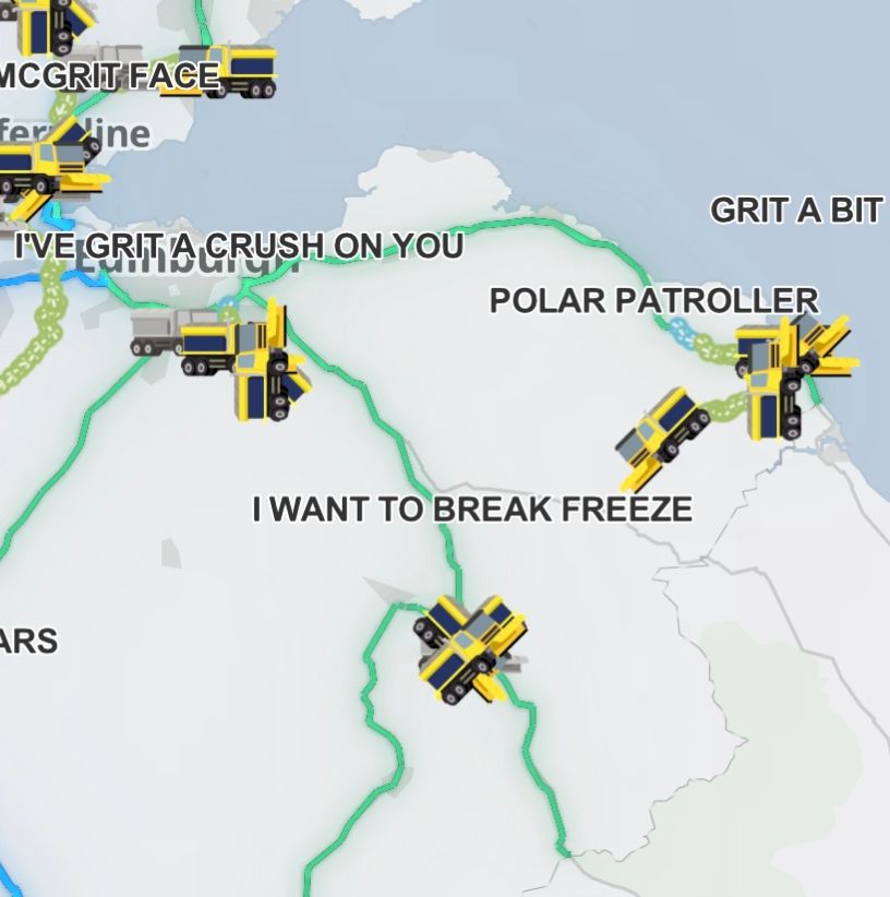 A map with gritters on it called I've grit a crush on you, grit a bit, polar patroller, I want to break freeze