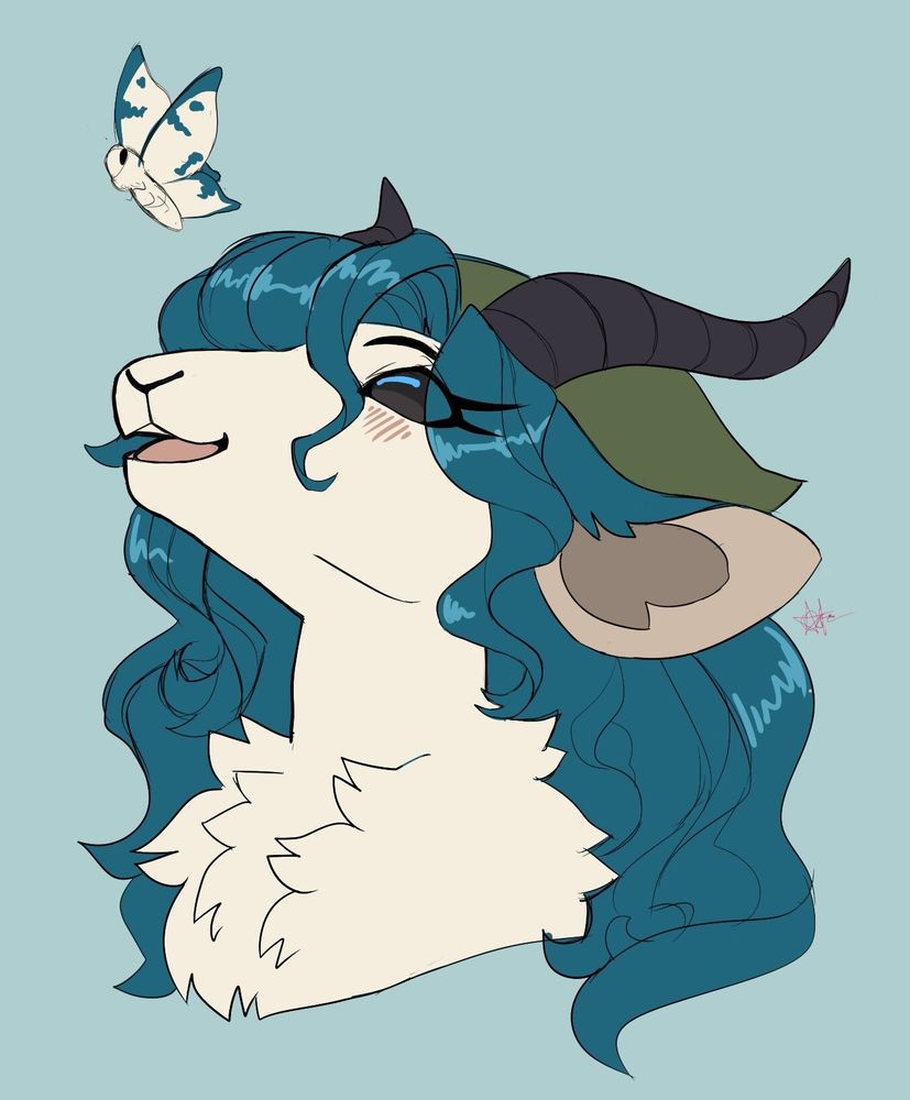 A headshot of an anthro moth-goat with white fluff, blue hair, a green beret, and black horns. She's looking up at a regular moth with the same white-blue coloration with a big smile and some blush on her cheeks