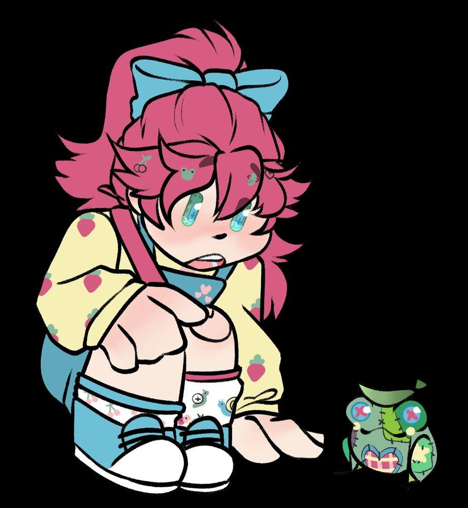 Maggie is crouched down while looking a frog. The frog is mostly green with blue button eyes and patches varying in shapes and colors.