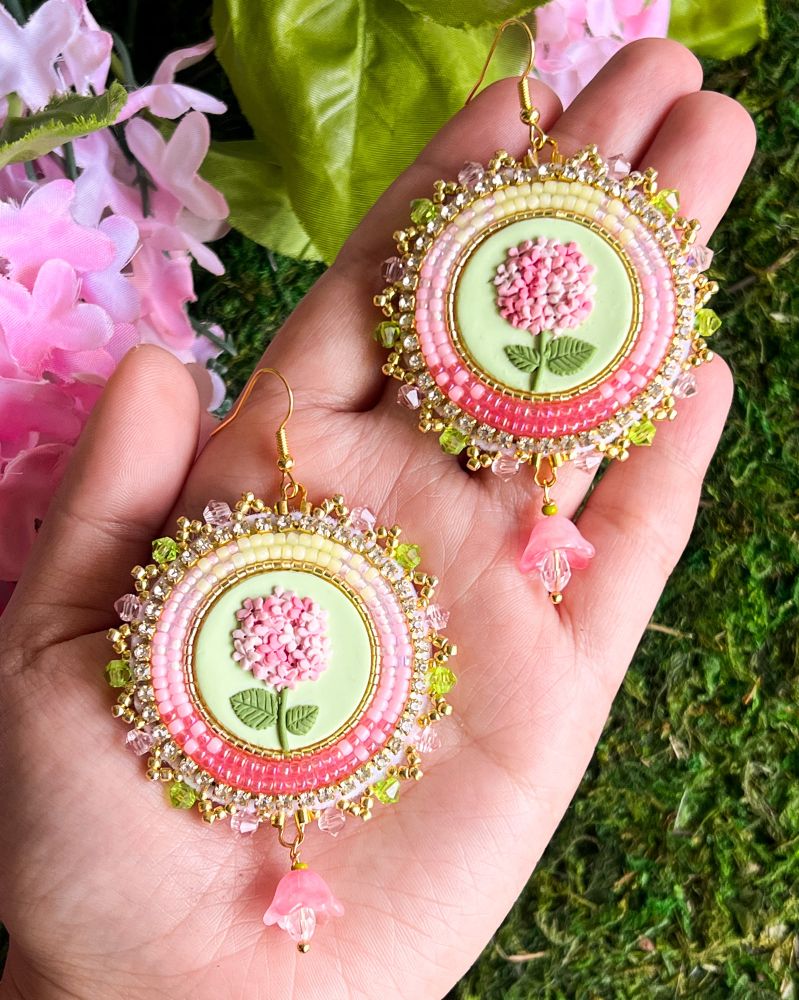 pink beaded earrings with polymer clay hydrangea centers 