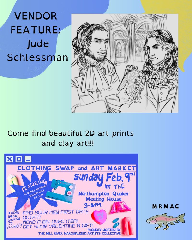 ARTIST VENDOR FEATURE!!!  Come shop the Gorgeous Art Prints and Clay Art From Jude Schlessman at the Thread and Love Clothing Swap and Art Market!
Held on February 9th, from 3:00pm to 8:00pm, at the Quaker Meeting House at 43 Center Street in downtown Northampton, this event includes a clothing swap, clothing, and accessories made by local artists, volunteer menders and more! Come find your new first date outfit, mend a beloved item, get your valentine a gift, and celebrate community love for art and each other!
In order to support our marginalized artists and community, masks are required unless there is a medical necessity.