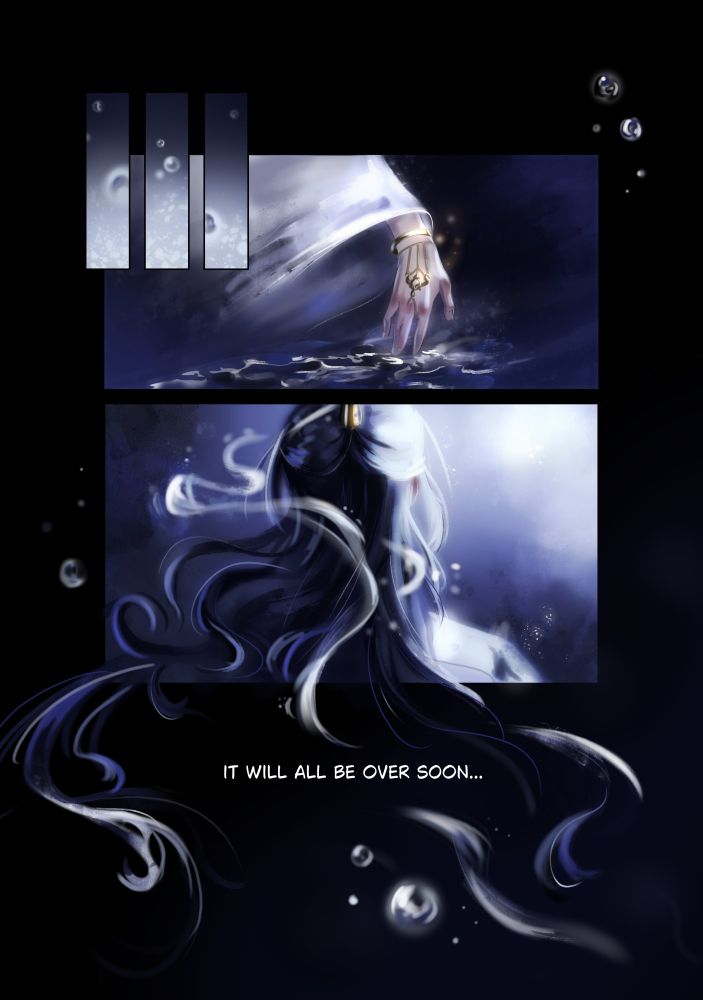 Comic page, first panel - a new hand touches the water; second panel backview on hair flowing outside of frame, there are some bubbles scattered around