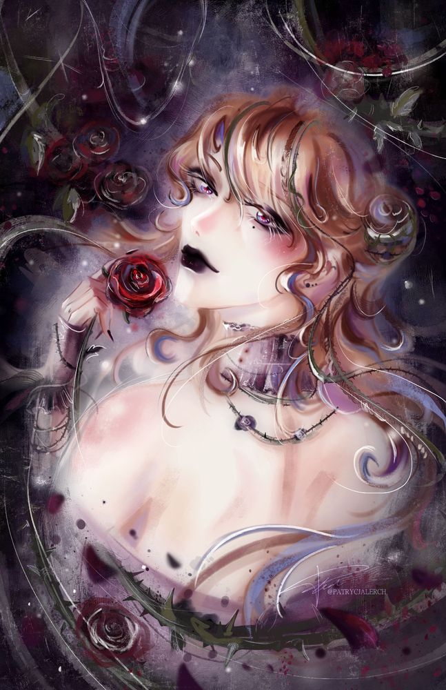 male, long blonde hair, vines and roses everywhere, 
I will never be able to write alt text >~< Enjoy my gorgeous boy