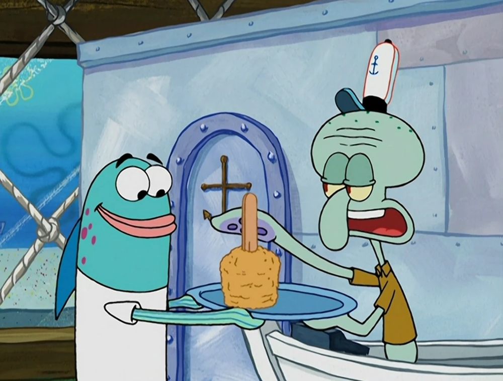 Squidward handing the customer fish a King-Size Ultra Krabby Supreme Double Fried on a Stick.