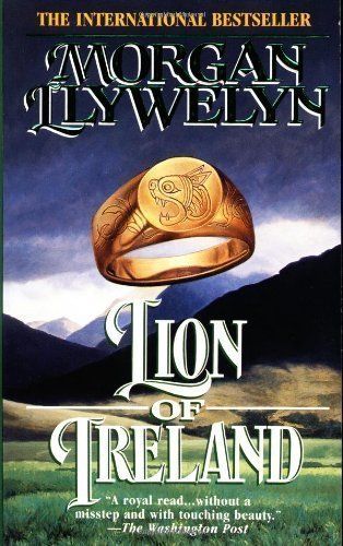 The cover of the book The Lion of Ireland showing mountains and valleys and a golden ring stamped with a lion crest.