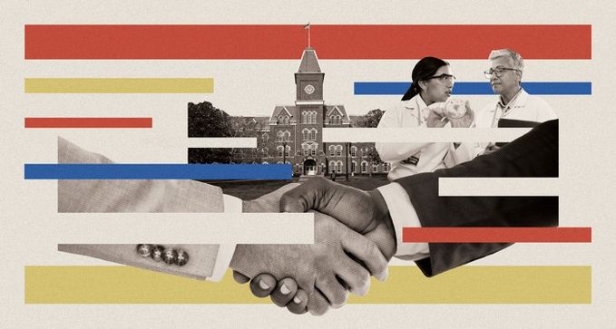 An illustration including a university in the background, two scientists talking while wearing lab coats, and a pair of hands shaking, with red, blue, yellow, and cream lines overlaid to partially obscure them.