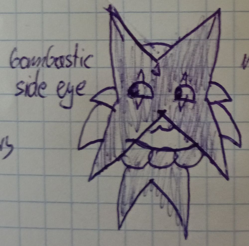 crummy pen drawing of Meowscarada from my English notebook with "bombastic side eye" written beside it