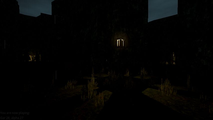 A screenshot of Gar 28 alpha 27 showcasing lantern posts lighting up the otherwise pitch black Realm of the Forgotten