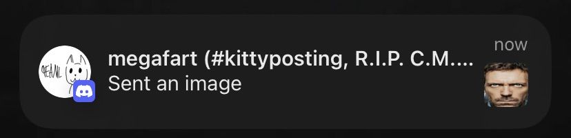 Discord notification of a message sent by megafart in the #kittyposting channel. The message contains an image of Dr. Gregory House (mistakenly pasted in the channel instead of the intended cat image)