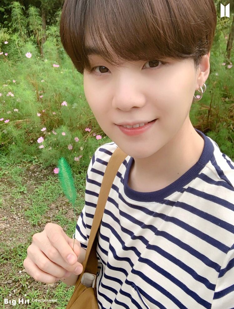 Closeup to Yoongi holding a very green hay looking thing and a smiling slightly to the camera. Striped tee and adorable bowl cut 