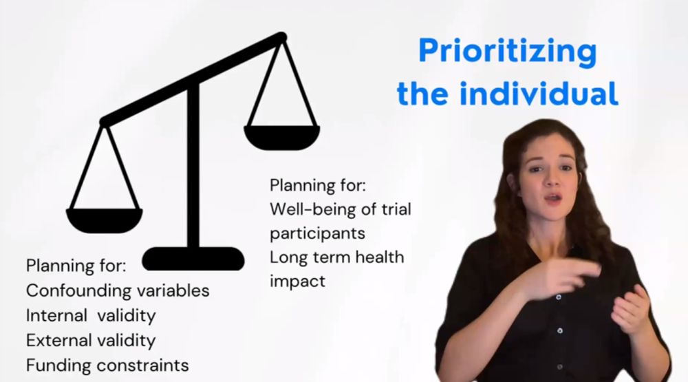 The title says prioritizing the individual. There's a picture in the center of an unbalanced scale with the left heavier than the right. To the left is text that's says: planning for confounding variables, internal and external validity, and finding constraints. To the right is text that says planning for: well being of trial participants, long term health impact.