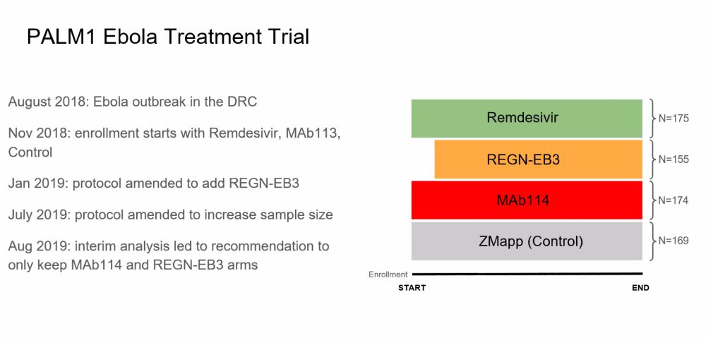PALM1 Ebola Treatment Trial

August 2018: Ebola outbreak in the DRC
Nov 2018: enrollment starts with Remdesivir, MAb113, Control
Jan 2019: protocol amended to add REGN-EB3
July 2019: protocol amended to increase sample size
Aug 2019: interim analysis led to recommendation to only keep MAb114 and REGN-EB3 arms