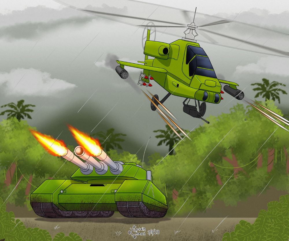 An illustration of an Apache-esque attack helicopter and fictional tank with three cannons on its turret, against a jungle background and rainstorm, based on the 1996 DOS game Seek and Destroy.