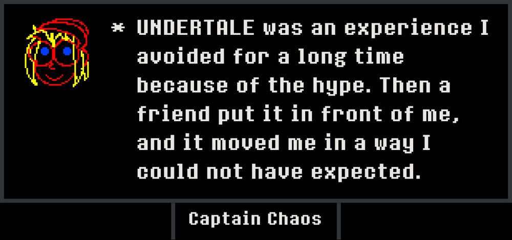 A "memory" post from Toby Fox's site where he was accepting comments for the 10th anniversary of Undertale. It has a crude pixel portrait of my PNGTuber avatar and the text: "UNDERTALE was an experience I avoided for a long time because of the hype. Then a friend put it in front of me, and it moved me in a way I could not have expected."