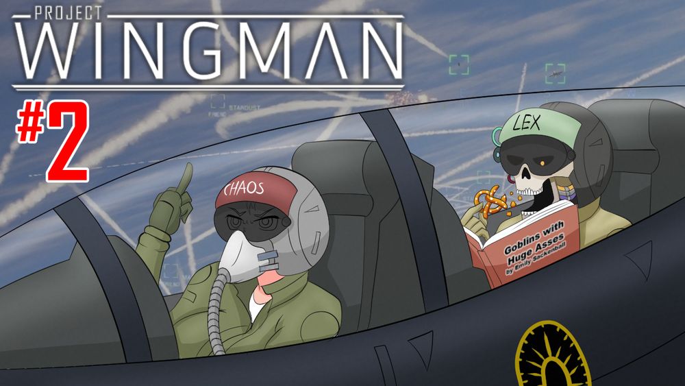 A thumbnail for part 2 of my Project Wingman video series, featuring art of my avatar and that and guest streamer Mr. Culexus, the game's logo and a screenshot from the game.