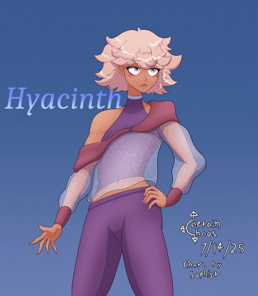 A half-body illustration of Sophist's character Hyacinth for Art Fight, drawn as "revenge" for art they did of my character Naomi. He/they are described as sassy, confident and "sort of cunty".