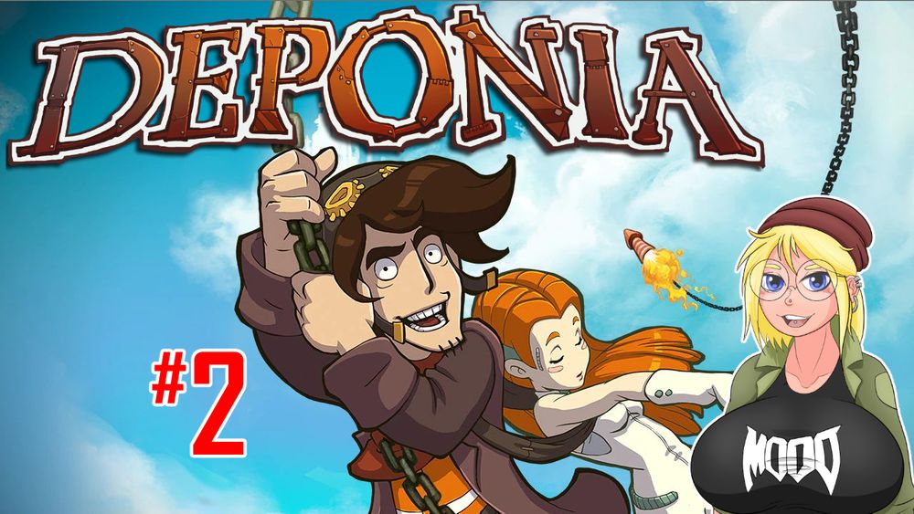 A thumbnail for part 2 of my Deponia playthrough, featuring the game's logo and art of protagonists Rufus and Goal, and my PNGTuber avatar.