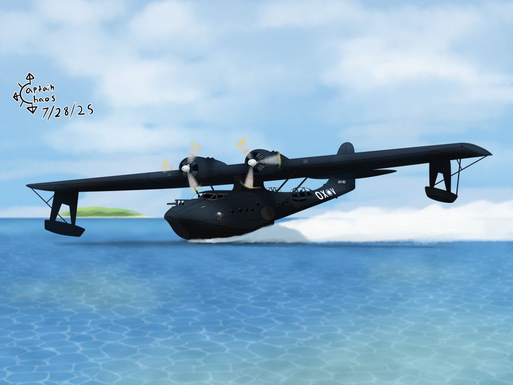 An illustration of a PBY Catalina seaplane in Royal Australian Air Force "Black Cat" livery, taking off from the ocean against a blue sky and light cloud cover, with an island visible in the distance.