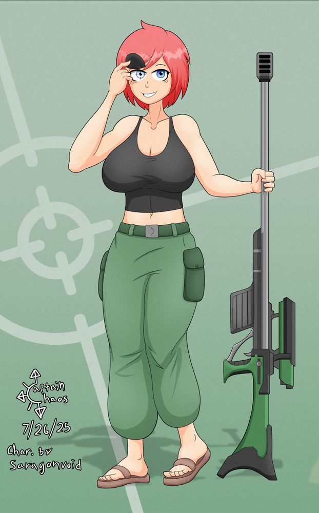 An illustration of Saragonvoid's character Tara for Artfight 2025. She is a young woman with lightish red hair, blue eyes, green cargo pants, a black tanktop and sandals. She is holding a large scoped rifle. Her right eye is a lighter blue then the other and stylized to resemble a crosshair. She sometimes wears an eyepatch over it.