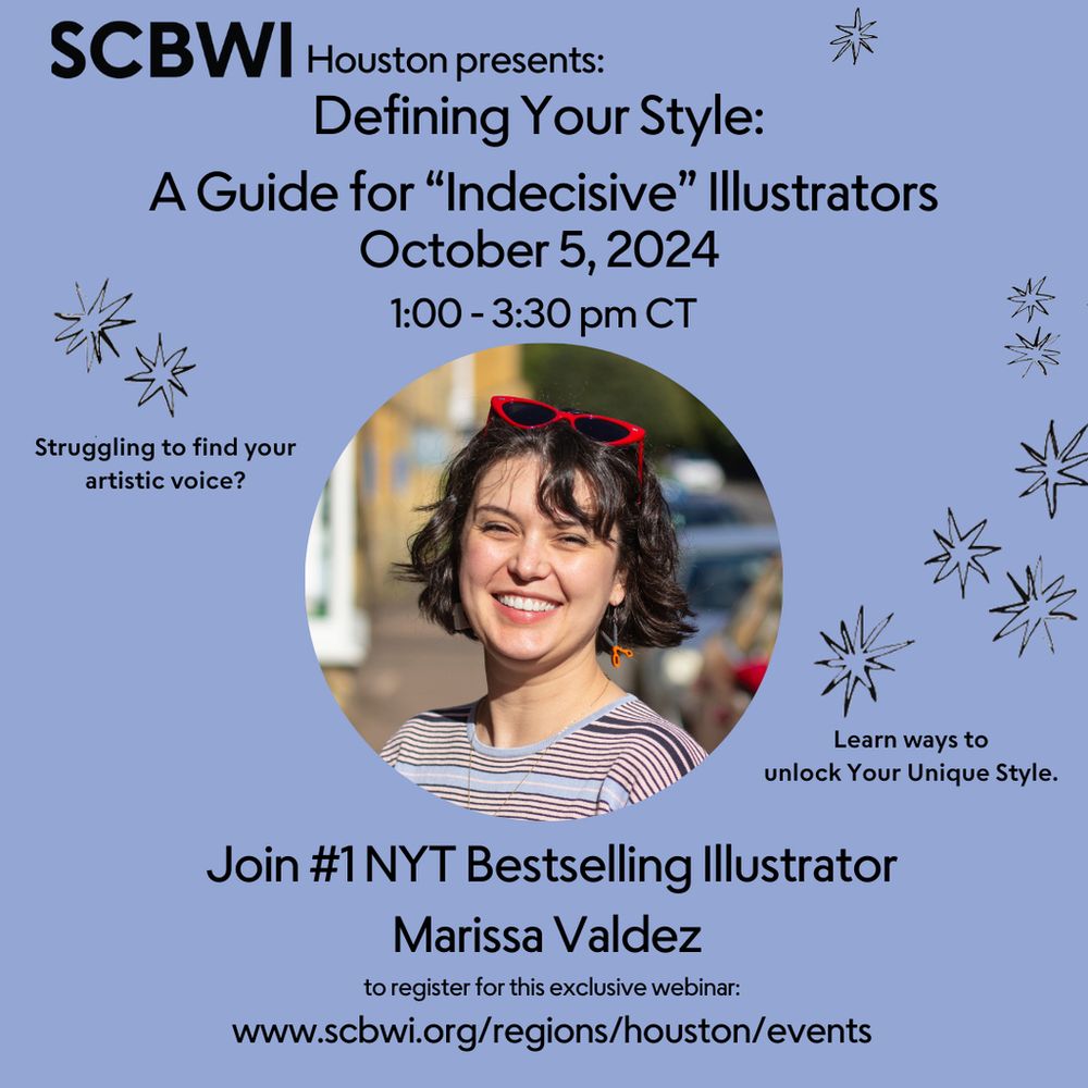 Graphic for the "Defining Your Style: A Guide For 'Indecisive' Illustrators" webinar with #1 NYT bestselling illustrator Marissa Valdez. October 5th at 1-3:30pm central time on Zoom. 
Struggling to find your artistic voice? 
Learn ways to unlock your unique style