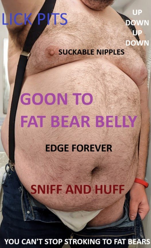 Fat bear with suspenders and jeans open showing his belly and bulge of white briefs