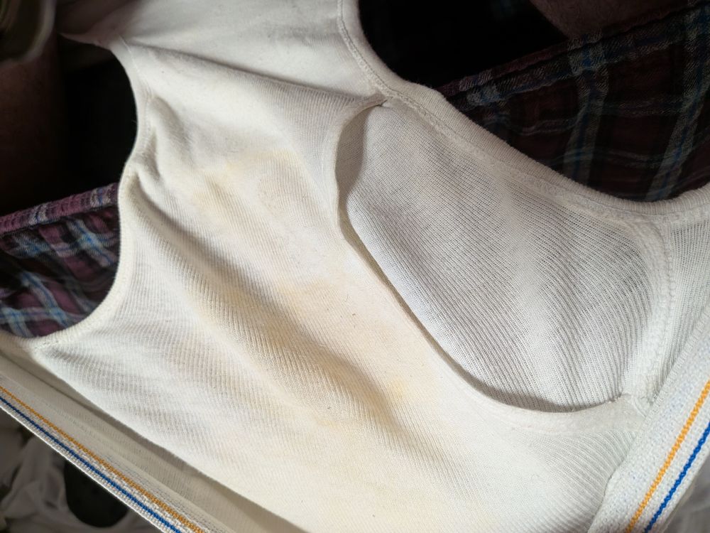 Inside Daddy's undies showing showing some yellowing of the fabric