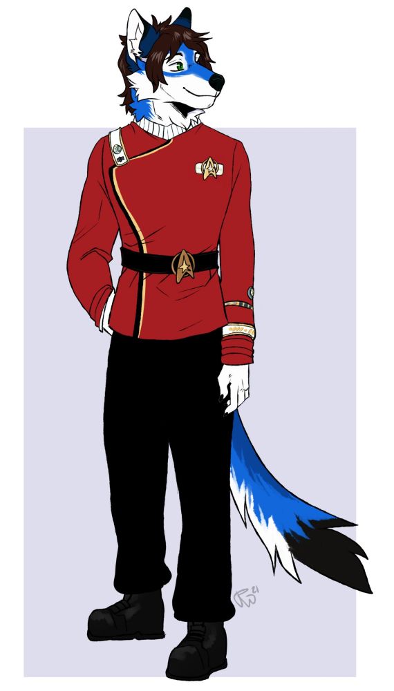 Art by @riipatus.bsky.social 
Star Fleet Admiral Shon Tempest, an Artic Wolf, stands with his right hand in his pocket with his left at his side. He is smiling as he looks to the left of the camera.

He is wearing the red Starfleet uniform seen in the Wrath of Kahn also known as Monster maroon by fans, it has gold trim to note flag rank. 
On the left cuff he has years of service pins denoting 50 years of service in Starfleet.
