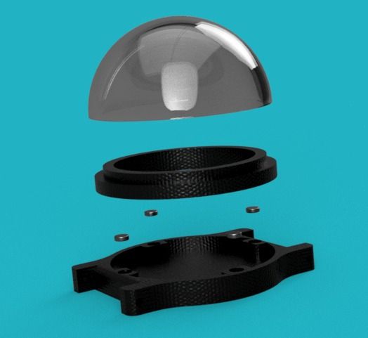 screenshot of the deconstructed 3d model showing the glass dome, the 3d printed ring with embedded magents, and the base "watch face" with embedded magnets