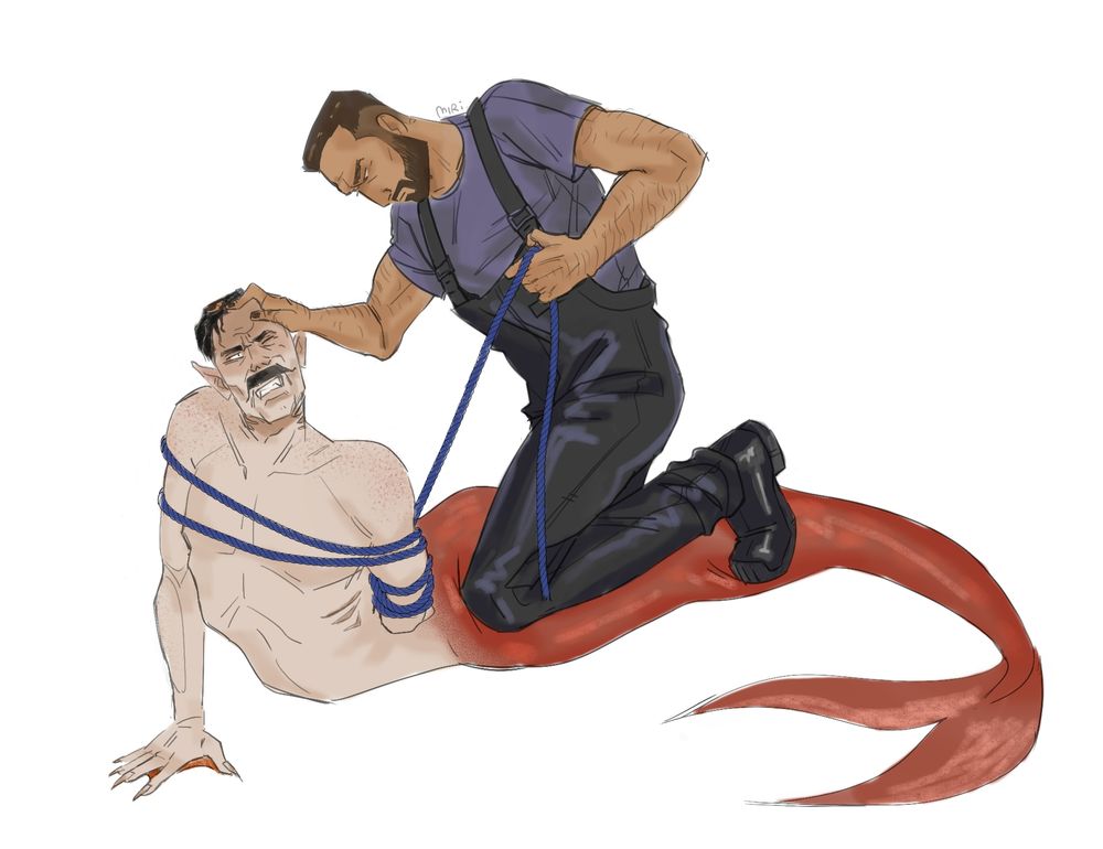 Agent Stone, dressed like a fisherman in dark overalls and boots, is holding down a merman version of Dr. Robotnik. He's kneeling on Robotnik's red tail and pulling a blue rope that's wrapped around Robotnik's body and arm. Robotnik, who has pointy ears and his usual mustache, looks angry and is trying to push himself up with one arm while Stone tries to hold him down.
