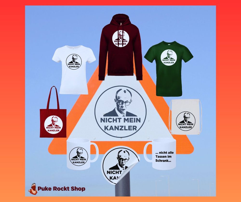 Werbegrafik mit T-Shirts, Tassen, Tasche, Hoodie usw. Motiv eine Zeichnung von Merz und dem Text 