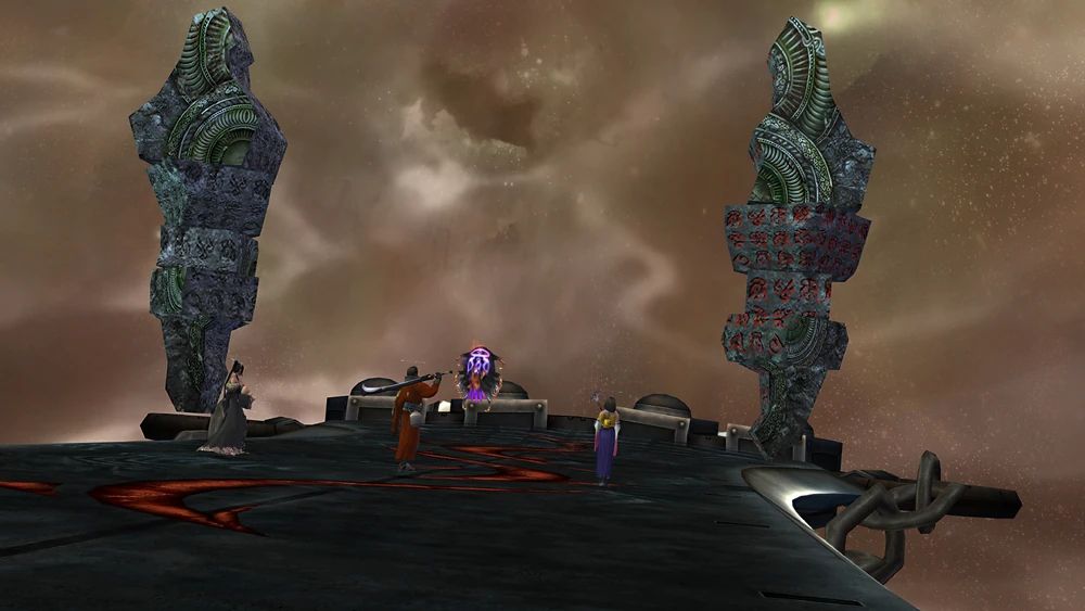 A woman in a black dress, a man in a red coat with a sword over his shoulder, and a woman in blue and white holding a staff facing two pillars with red glyphs. Between those pillars is a small, bug-like creature with a purple glyph on it.