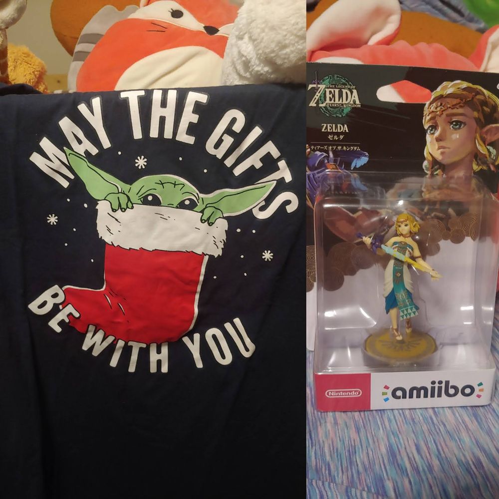 A collage of a shirt with Grogu in a red and white Christmas stocking that says "May the gifts be with you" and a Tears of the Kingdom Zelda amiibo.