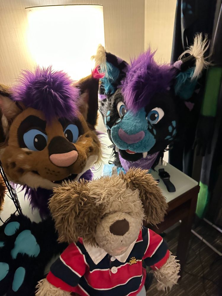 photo of puppy build a bear posing with two fursuits behind her on a table.