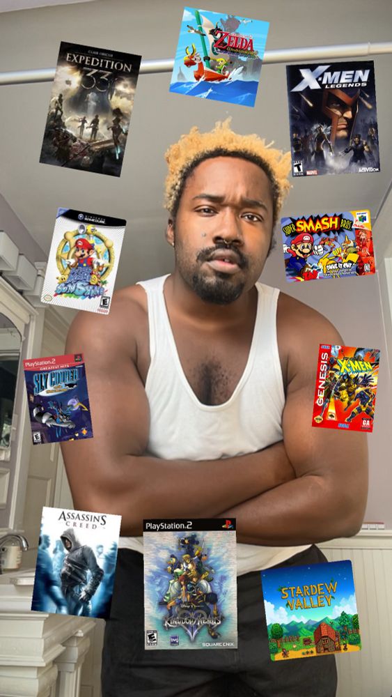 Thembo selfie in a white tank surrounded by pics of 10 of their favorite games