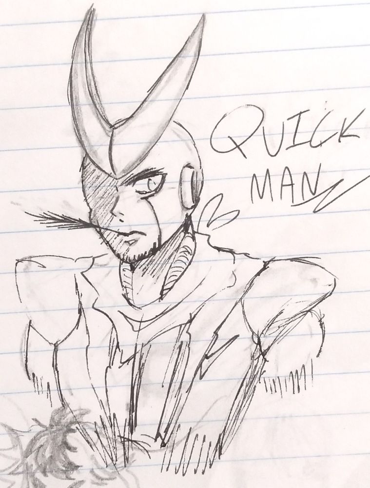 traditional inked sketch of quick man from megaman 2