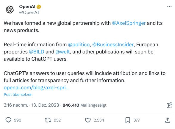 Abbildung eines Tweets, in dem die Partnerschaft von Open AI /ChatGPT mit dem Springer-Verlag bekanntgegeben wird,