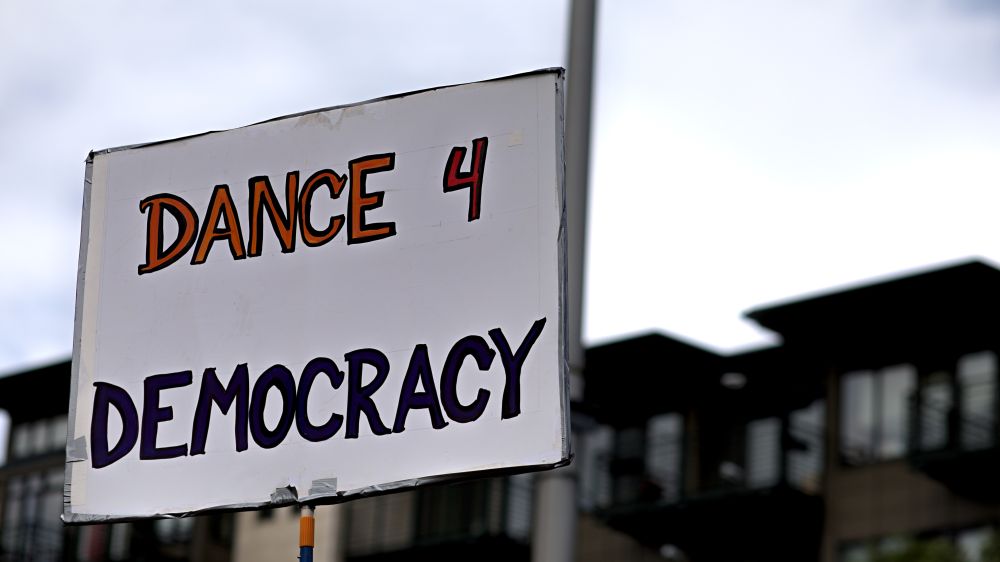 Protest sign, Dance 4 Democracy