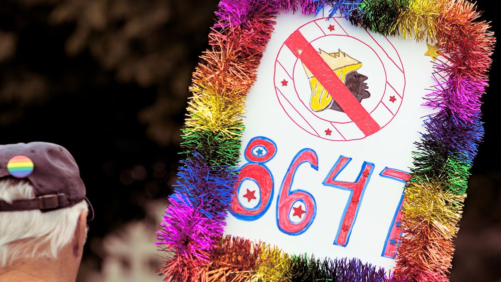 Olympia Washington, Protest sign wrapped in multi color christmas tree tinsel garland, depiction of trump with a crown with a flash through it, 8647 text, eighty six fourty seven, person with multi color pride button on back of hat