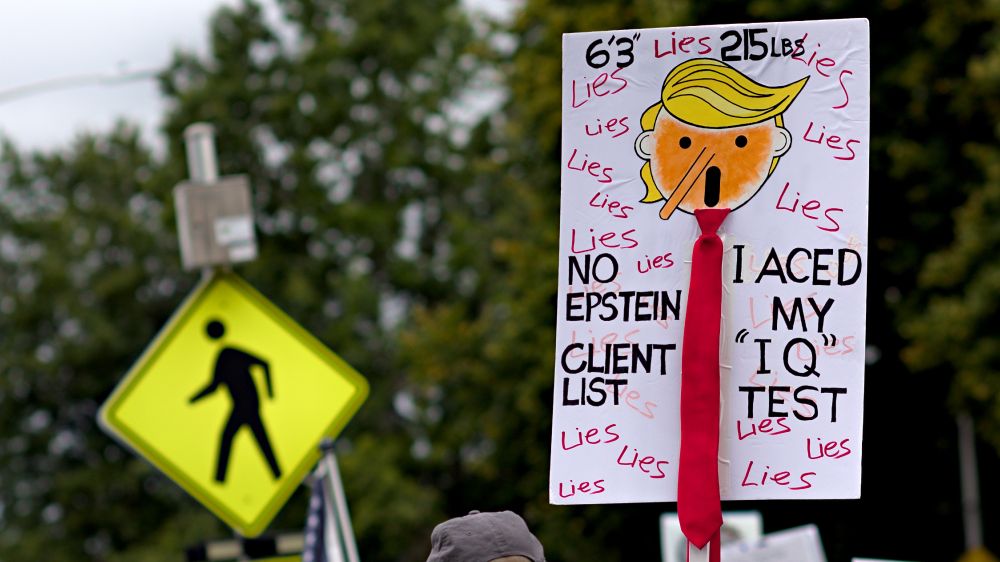 Olympia Washington, protest sign, 6'3" lies 215lb lies no epstein client list lies i aced my IQ test lies, depiction of donald trump, orange face open mouth black dot eyes yellow hair long red tie, long pinocchio nose