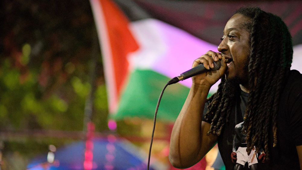 Photo of person singing, rapping into microphone, flag of Palestine in background