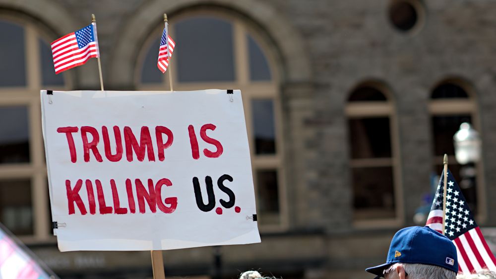 Protest sign, Trump is killing U.S. with small U.S. flags