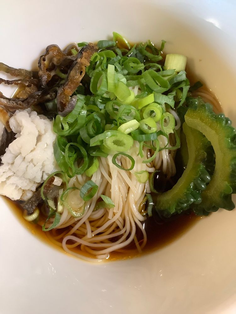手元の器にとった素麺、苦瓜、ハモ、ハモ皮、青ネギにつゆをかけたところ