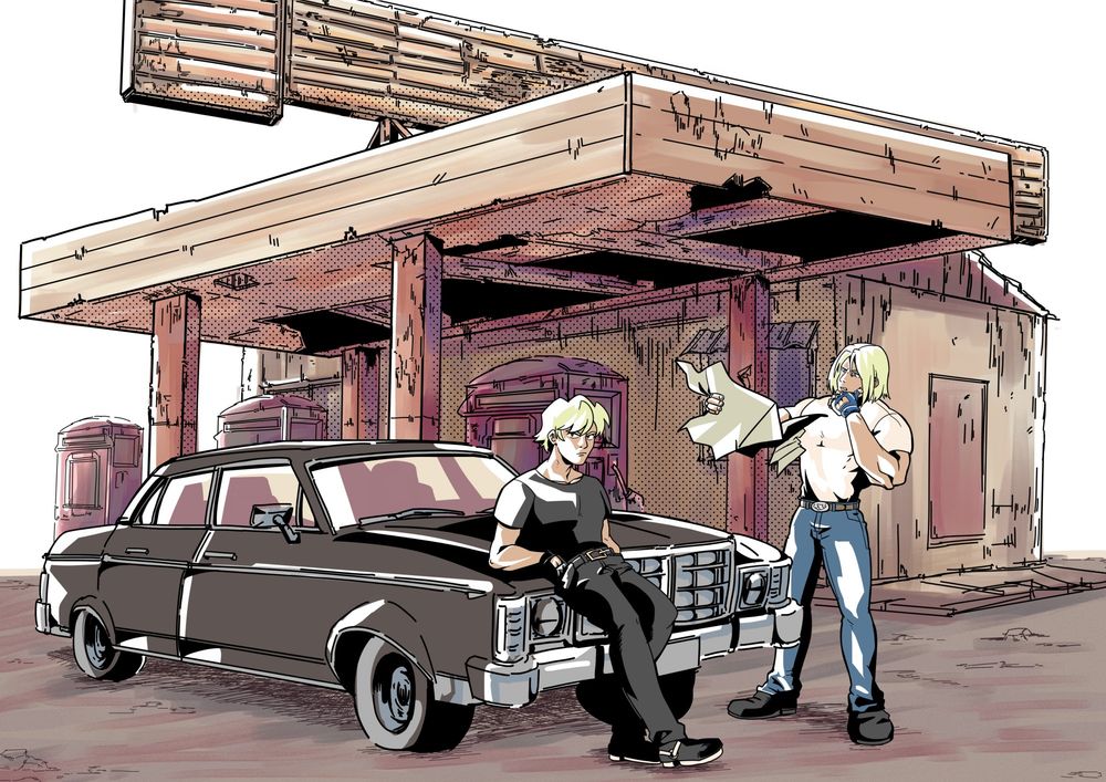 At an abandoned station, Rock leans on an old car with Terry looking at a map, feeling confused or maybe lost.