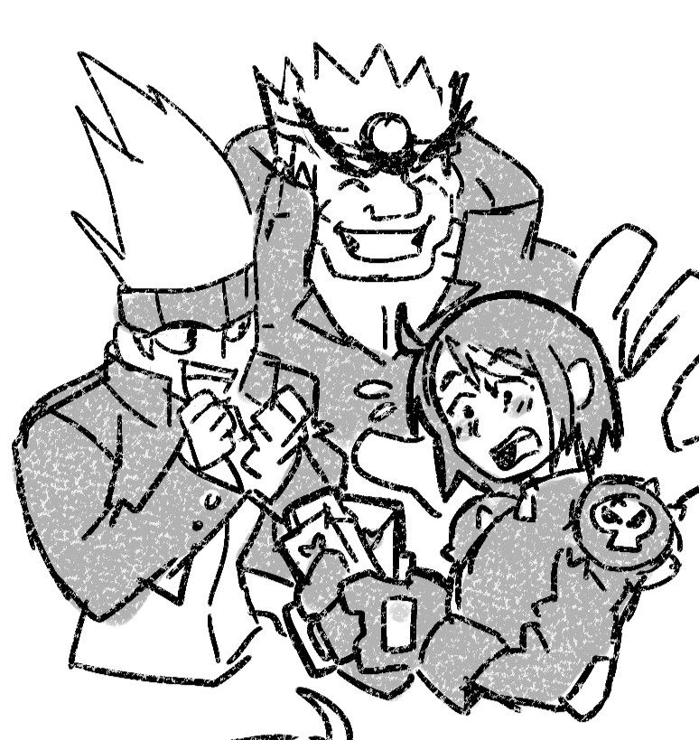 A sketch of Rival Schools Gedo High characters. 
Akira gets shocked and flustered from the amount of confession letters she's received as Gan cheerfully pats her back, while Edge excitingly asks Akira if he could have a couple of them.