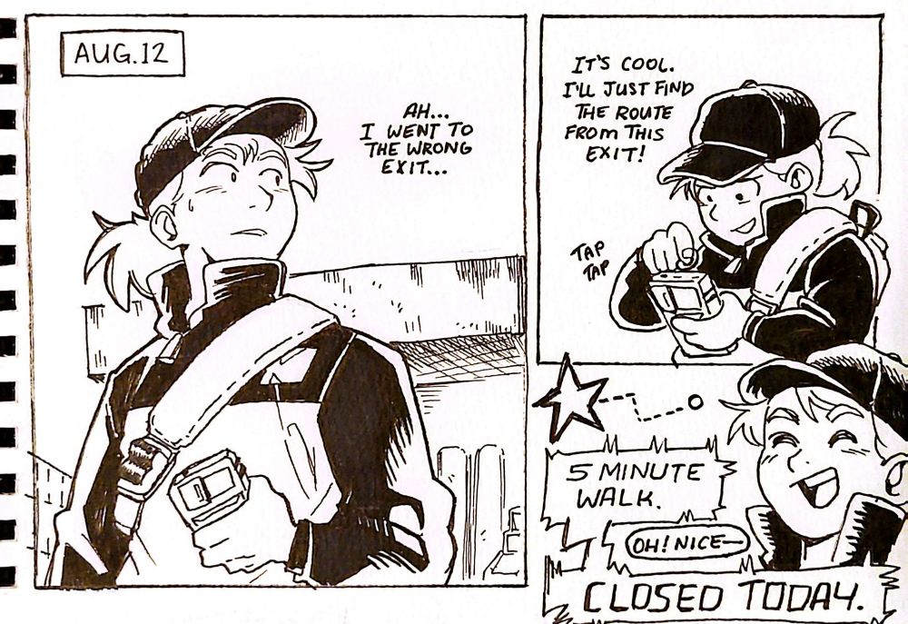 In the first panel, as I look at my surrounding area, I noticed I exited the wrong way at a train station.

In the second panel, I'm looking up for an alternative route that leads me to my destination despite the mixup.

In the last panel, I'm told by my navigation system that my destination is a simple five minute walk, but reveals that my destination is actually closed for the day...