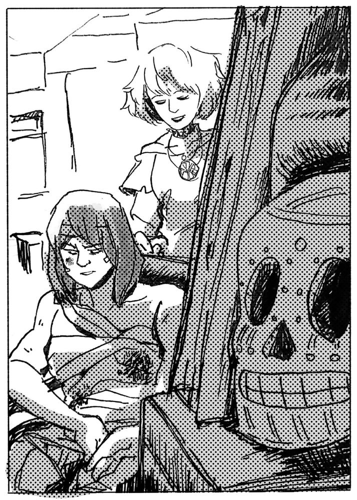 Cyberpunk 2077 drawing of Misty helping V get to room, recovering from her injuries after The Heist, seemingly looking apologetic for what happened to Jackie. In the foreground, a candy skull decoration can be seen from V's shelf.