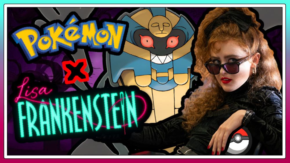 The thumbnail for Super Nerd Daniel's upcoming YouTube video "What If Lisa Frankenstein Characters Were Pokémon Trainers?", featuring Lisa Swallows, the protagonist of the film Lisa Frankenstein, accompanied by Cofagrigus, a Ghost-type Pokémon from the Unova region, and the fully-evolved form of Yamask. There's also a combination of the logos of Pokémon and Lisa Frankenstein on the left side connected by a red-and-black "X".
