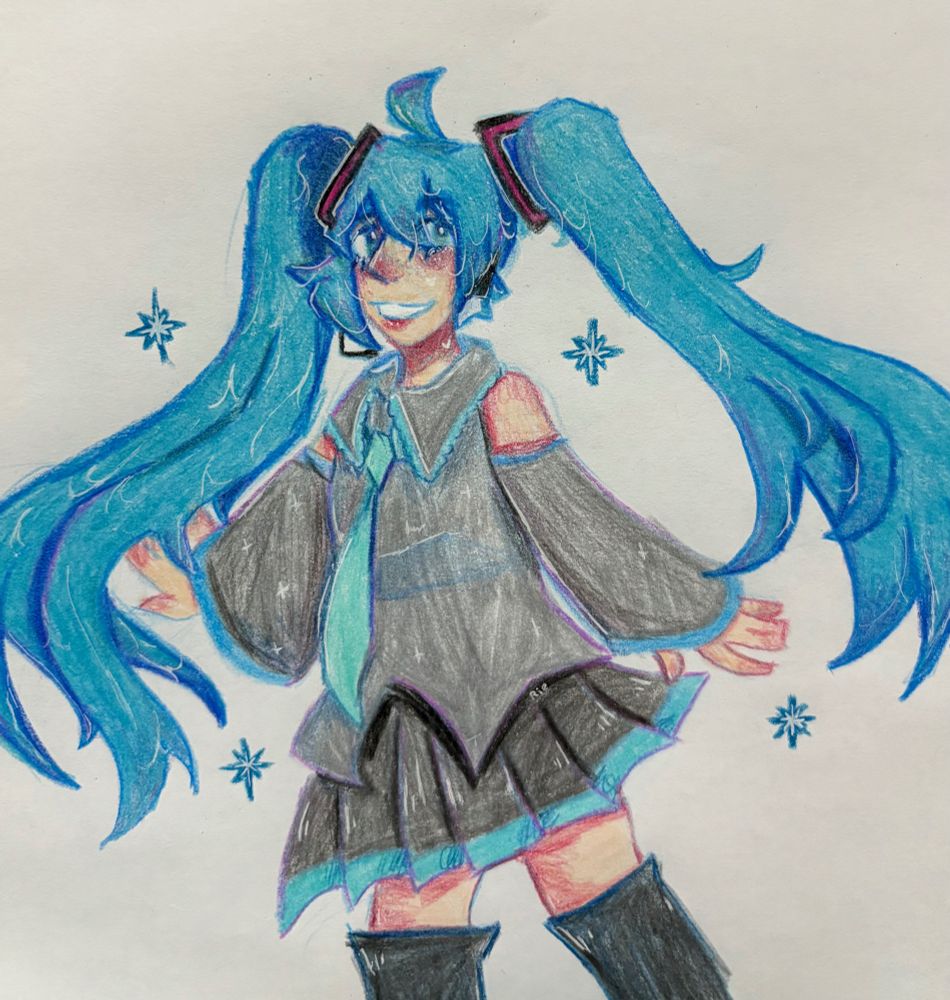 Miku like she’s about to spin, facing left ish with a smile and hands out to her side. Her pigtails flow to the sides and out. There’s little blue stars around her
Drawn in colored pencil 